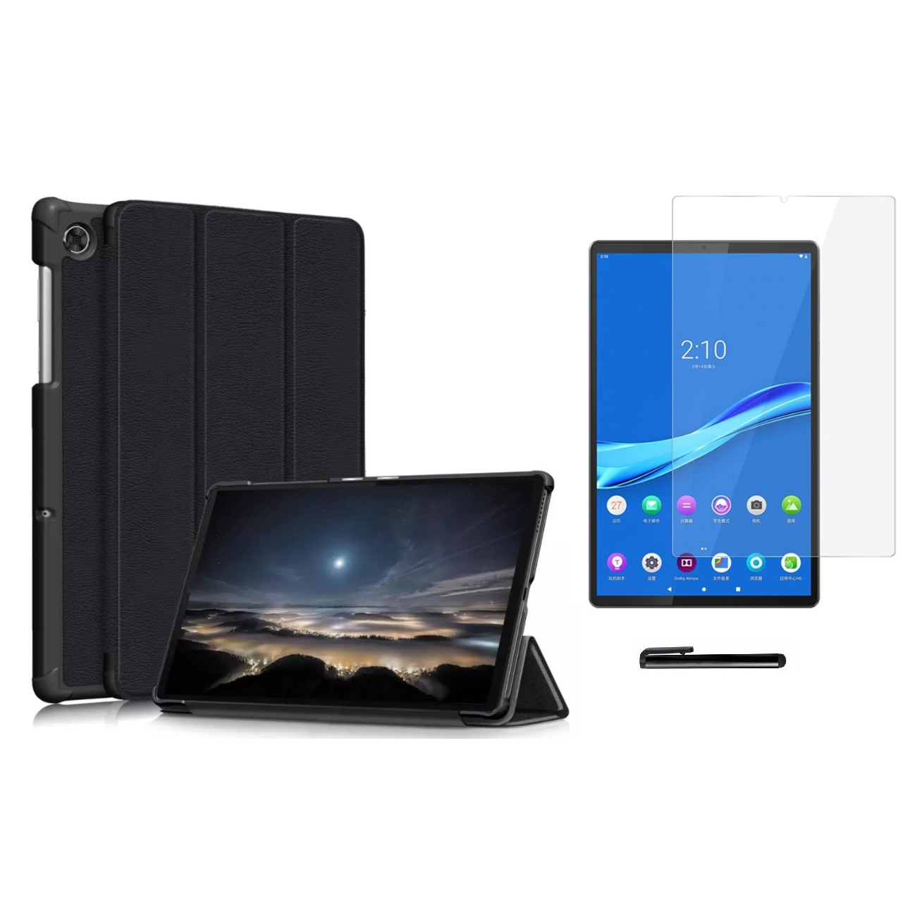 Set husa tableta/folie de protectie/stylus, Piele ecologica, Compatibil cu Lenovo Tab M10 HD 2 GEN, Negru