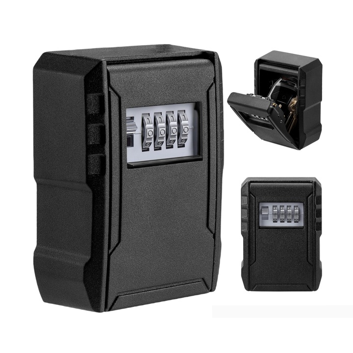 Метална кутия с код за съхранение на ключове, Водоустойчива, Издръжлива, Външна кутия с много голям капацитет, Черна