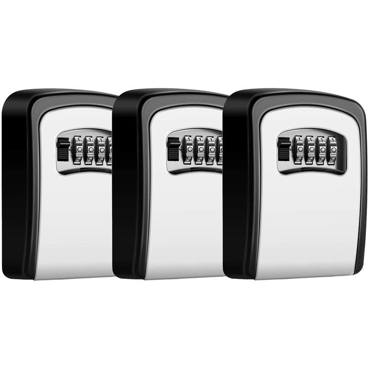 Set 3 cutii cu cifru pentru depozitare chei Echo Soul®, montare pe perete, aliaj de aluminiu, 130x100x50 mm, Regim Hotelier, Booking, AirBnb