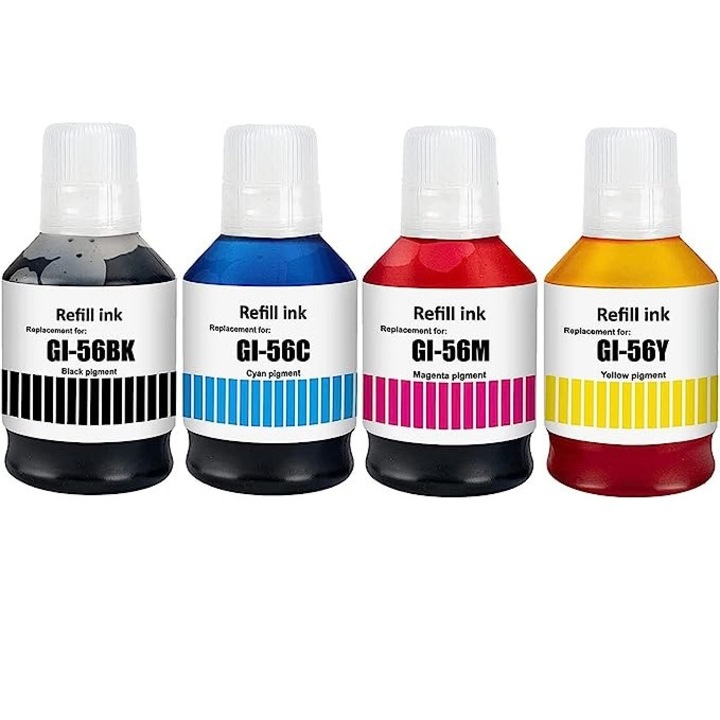 Set 4 flacoane compatibile cerneala Canon GI-56 Multicolor pentru imprimante Canon MAXIFY GX5050, MAXIFY GX6050, MAXIFY GX7050, 26000 pagini