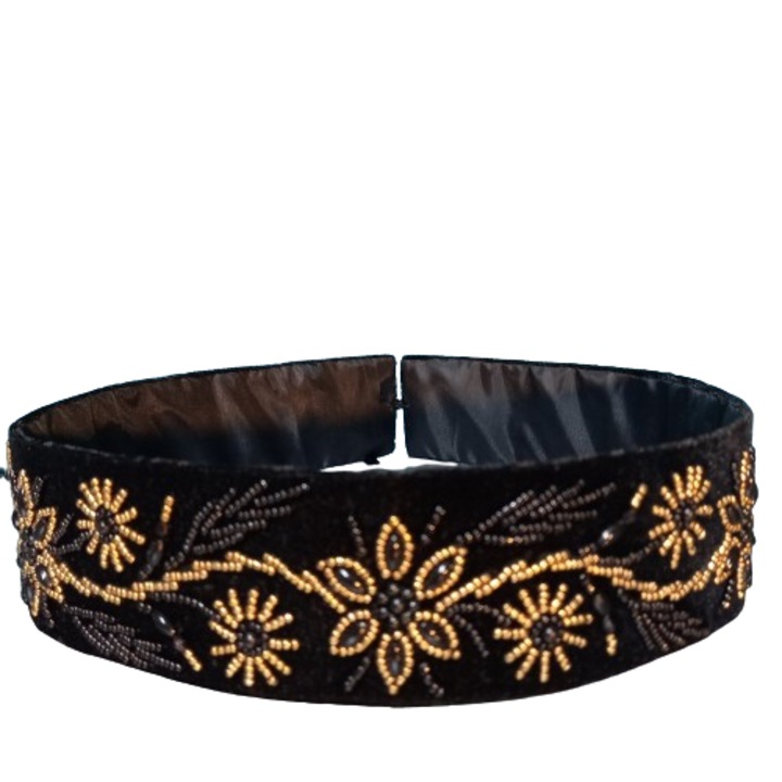 Brau traditional cusut cu margele, negru cu auriu, 70 cm