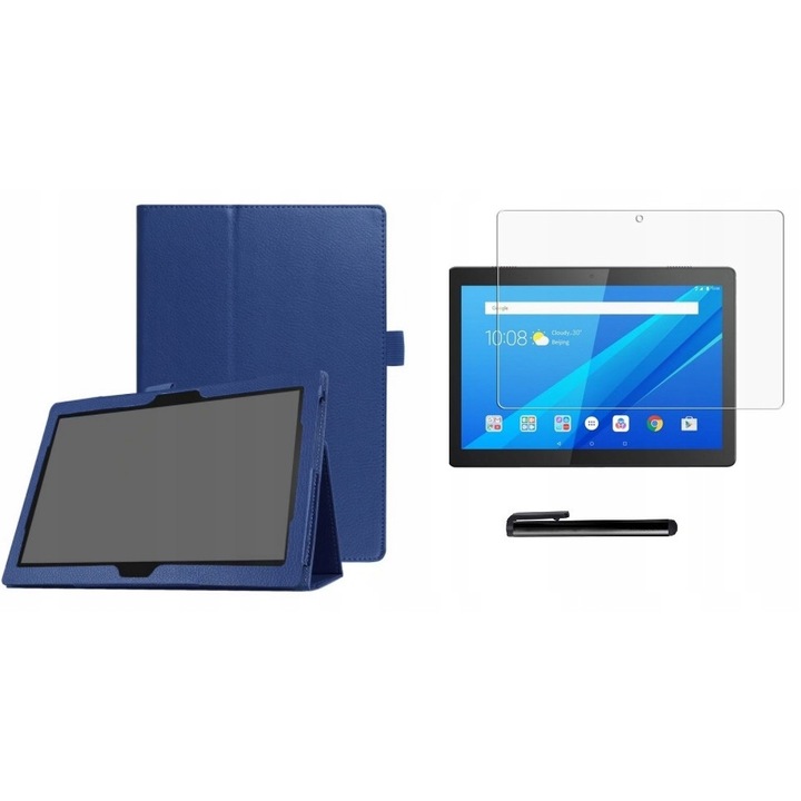 Tablet borító/védőfólia/toll készlet, Ökológiai bőr, Kompatibilis a Lenovo Tab M10 TB-X505L/TB-X605F készülékkel, Sötétkék