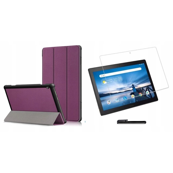Táblaborító/védőfólia/toll készlet, Ökológiai bőr, Kompatibilis a Lenovo Tab M10 TB-X505L/TB-X505F készülékkel, Lila