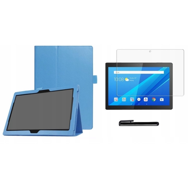 Táblaborító/védőfólia/toll készlet, Ökológiai bőr, Kompatibilis a Lenovo Tab M10 TB-X505L/TB-X605F készülékkel, Kék