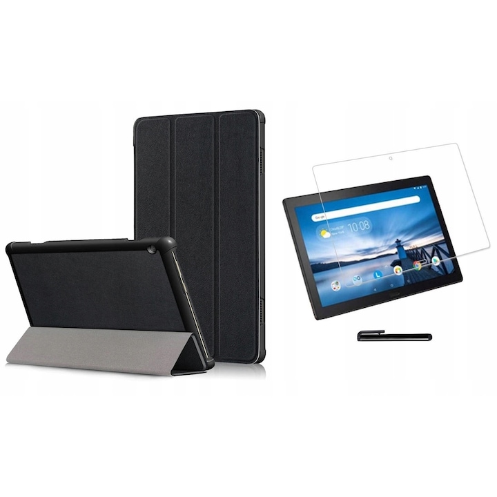 Táblaborító/védőfólia/toll készlet, Ökológiai bőr, Kompatibilis a Lenovo Tab M10 TB-X605L/TB-X605F készülékkel, Fekete