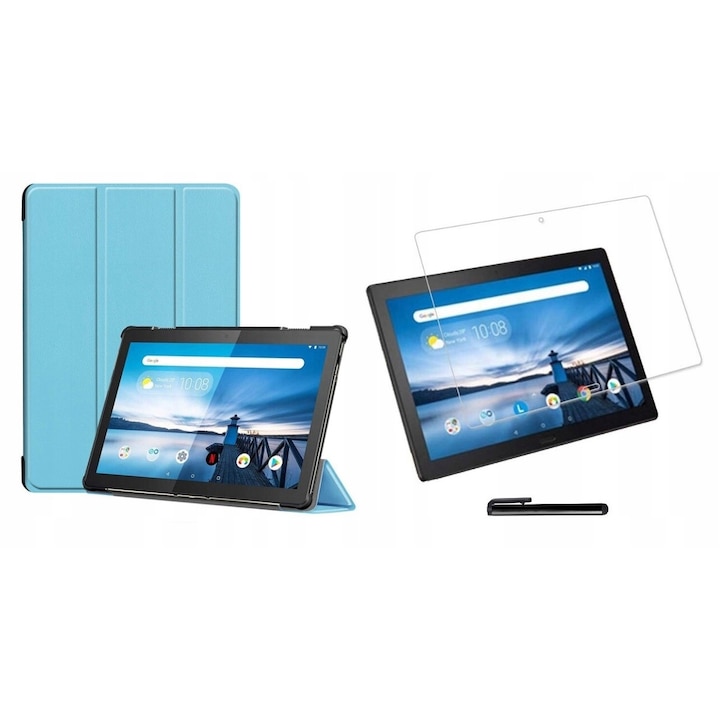 Táblaborító/védőfólia/toll készlet, Ökológiai bőr, Kompatibilis a Lenovo Tab M10 TB-X605L/TB-X605F készülékkel, Kék