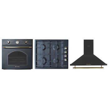Pachet Pyramis Rustic Style Black, cuptor electric 6 functii, clasa A, plita pe gaz, gratare emailate si hota decorativa Pachet Pyramis Rustic Style Black, cuptor electric 6 functii, clasa A, plita pe gaz, gratare emailate si hota decorativa