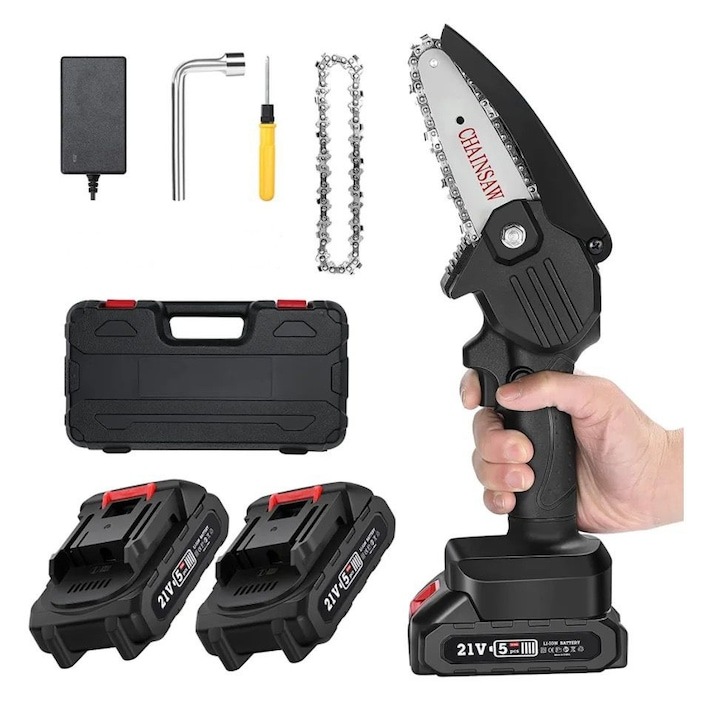 OEM Mini elektromos láncfűrész, 1500 mAh, 2 akkumulátor, 1 lánc, fekete, 24 W