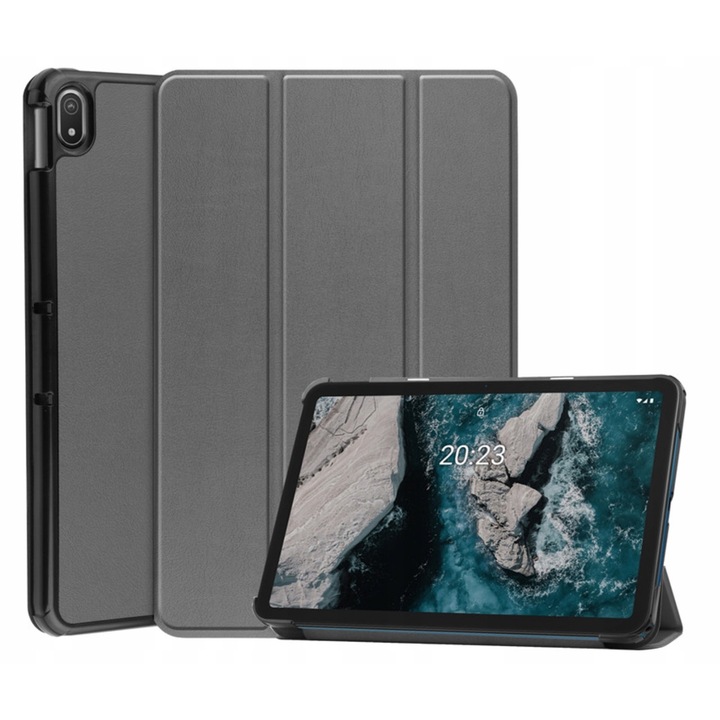 Tablet védőtok, Ökológiai bőr, Nokia T20 kompatibilis, Szürke