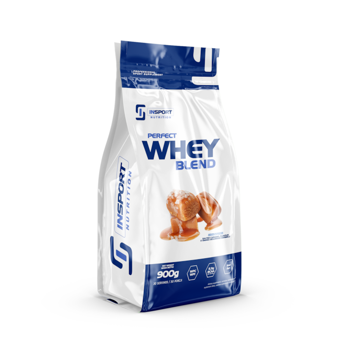 Supliment de proteine, Insport Nutrition, PERFECT WHEY BLEND, Masa musculara, Solubilitate excelenta, Aroma: caramel sarat, 900g (30 Portiuni)