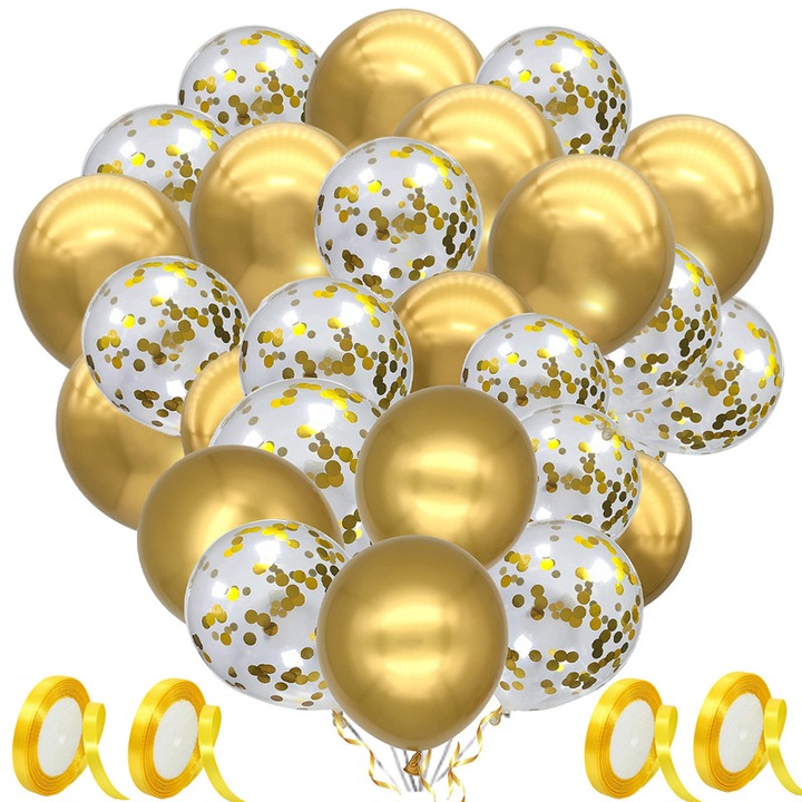 Комплект 60 балона и 4 ролки панделка, Латекс, Златист/Безцветен