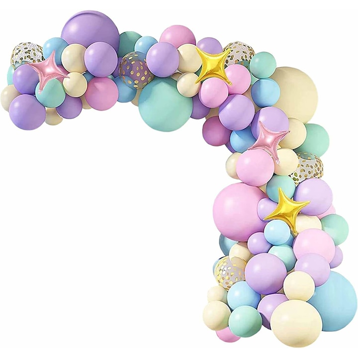 Комплект балони, 148 броя, Тип арка, Пастелни цветове, Форма на звезда
