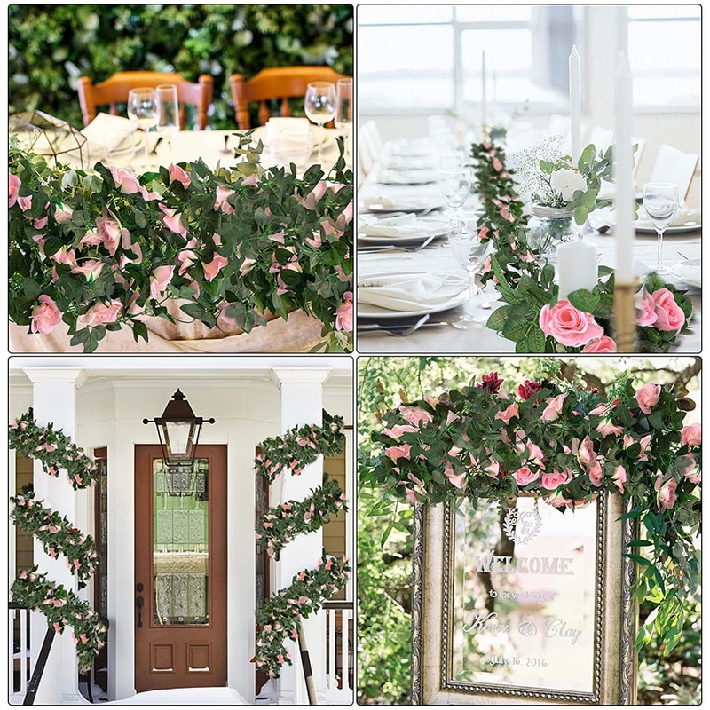 KEAIDUO Confezione Da 2 Ghirlande Di Rose Artificiali In Seta - 2,2 Metri Ciascuna, Per Appendere, Decorazione Interni/esterni, Matrimoni, Rosa - 5