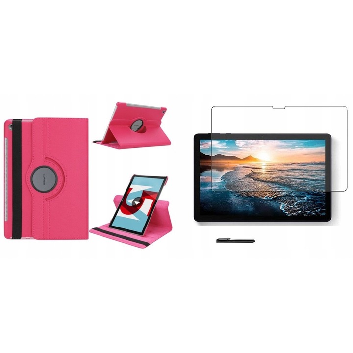 Set husa tableta/folie de protectie/stylus, Piele ecologica, Compatibil cu Huawei MatePad T10/T10S, Roz