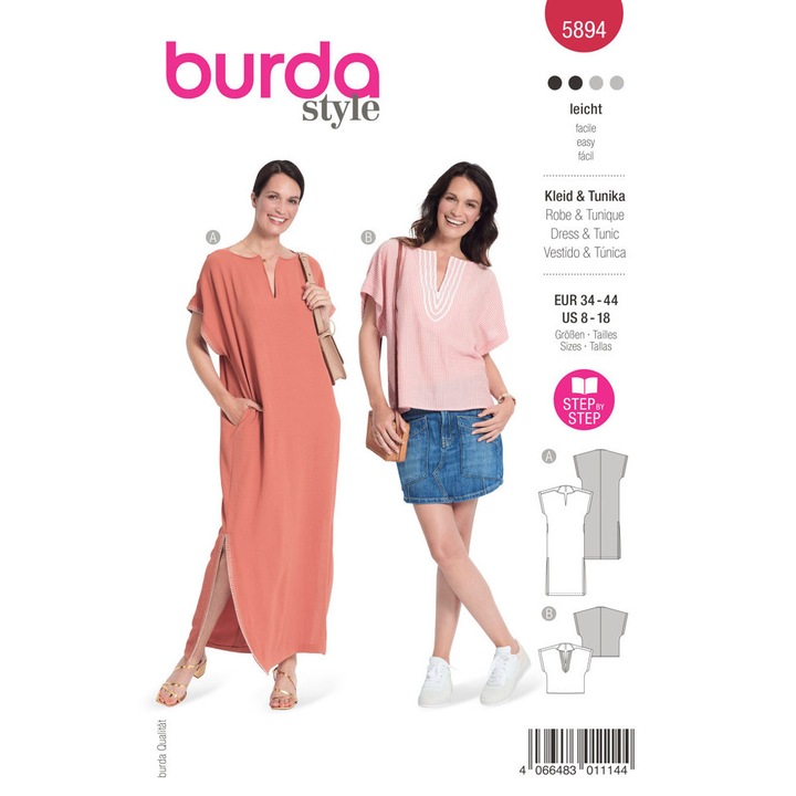 Tipar de croitorie rochie&tunica, in 2 variante, multi-masura 34-44, Burda Style 5894