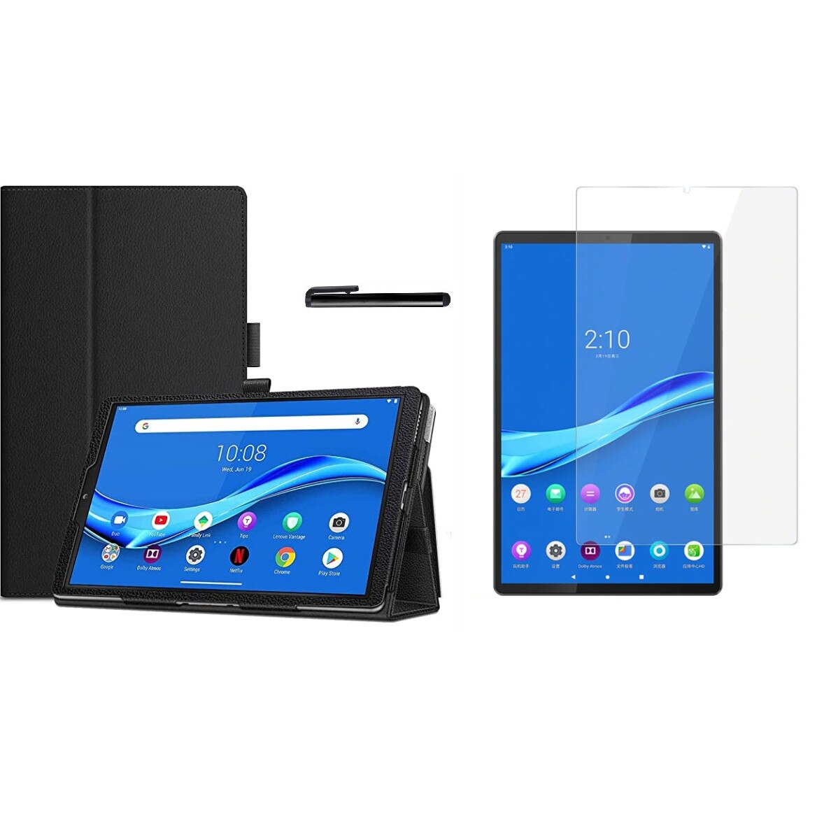 Set husa tableta/folie de protectie/stylus, Piele ecologica, Compatibil cu Lenovo Tab M10 HD 2 Gen, Negru