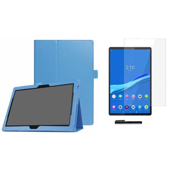 Táblagép tok/védőfólia/toll készlet, Ökológiai bőr, Kompatibilis a Lenovo Tab M10 HD 2 Gen, kék