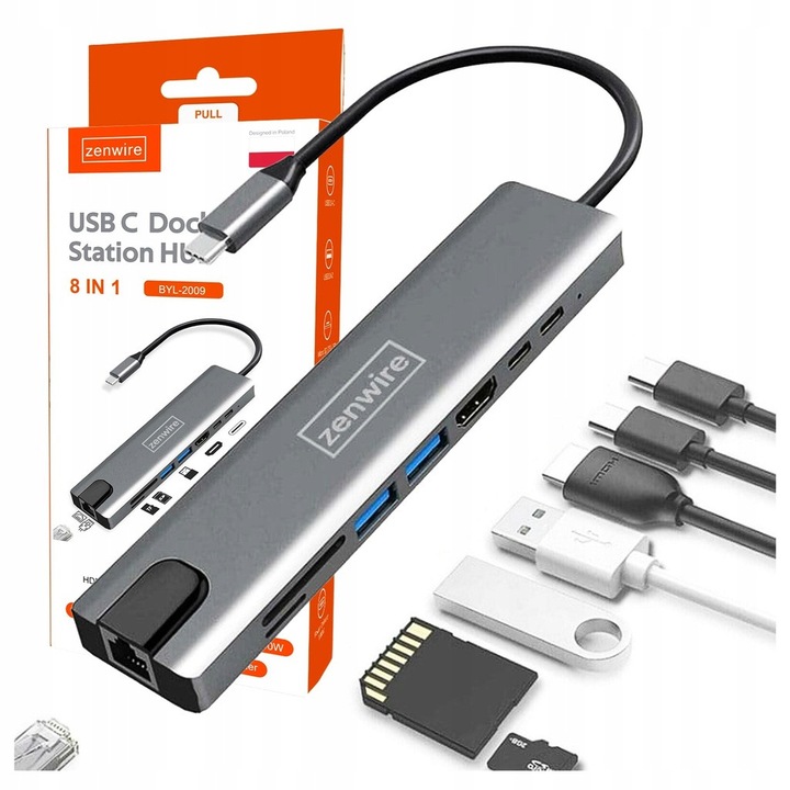 Hub Zenwire 8 in 1 Adaptor HDMI 4K, USB-C, 2X USB 3.0, Cititor de carduri SD, VGA, Ethernet RJ-45, POWER DELIVERY 3.0, Plug & Play, Mirror Mode, Extended Mode, Aluminiu, Gri