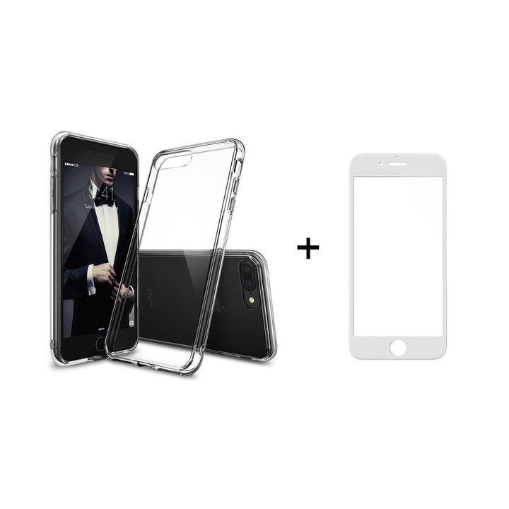Комплект стъклен протектор с силиконови ръбове + Калъф, Remax Crystal, за iPhone 7/7S, Бял - 52226