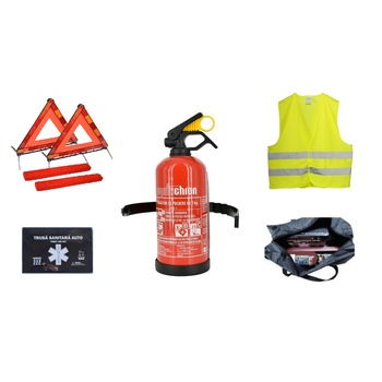 Kit siguranta auto IdealStore omologat R.A.R cu valabilitate 5 ani, 1x Trusa prim ajutor, 2 xTriunghiuri,1x Stingator, 1xVesta reflectorizanta alaturi de Geanta pentru depozitare Kit siguranta auto IdealStore omologat R.A.R cu valabilitate 5 ani, 1x Trusa prim ajutor, 2 xTriunghiuri,1x Stingator, 1xVesta reflectorizanta alaturi de Geanta pentru depozitare