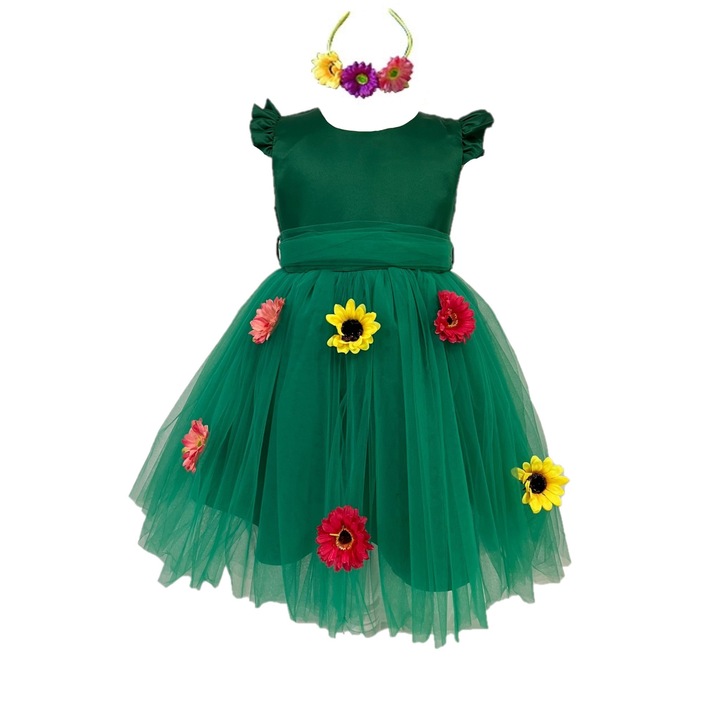Costumatie serbare fete Zana Primavara cu flori, verde, 9-10 ani