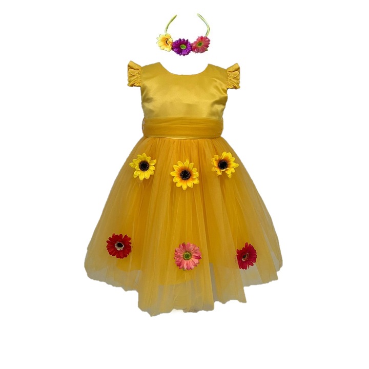Costumatie serbare fete Zana Vara cu flori, galben, 5-6 ani