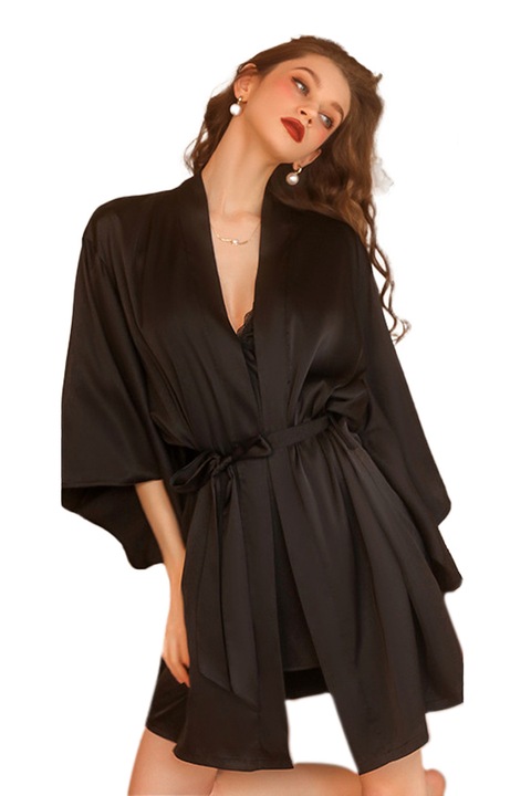 Set rafinat din doua piese, halat si camasa de noapte GJ1690negru 77915, Negru, M-L