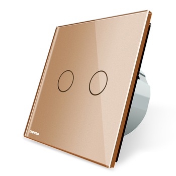Intrerupator dublu cap scara / cap cruce wireless Livolo din sticla, Auriu Intrerupator dublu cap scara / cap cruce wireless Livolo din sticla, Auriu