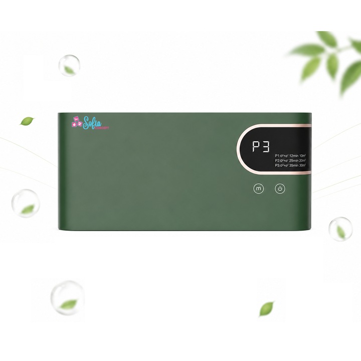 Purificator de Aer cu Ozon/Anion, Sterilizare, Sofia CONCEPT®, Concentratie de Ioni Negativi 8000000/cm³, 4W, 100mg/h, pentru Suprafete intre 5-30 m², 3 Moduri de Functionare, USB Tip C, Portabil, 2000mAh, Green