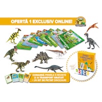 Pachet 8 reviste Pe urmele dinozaurilor impreuna cu figurine si cadou un Kit de pictat dinozauri, DeAgostini, +3 ani