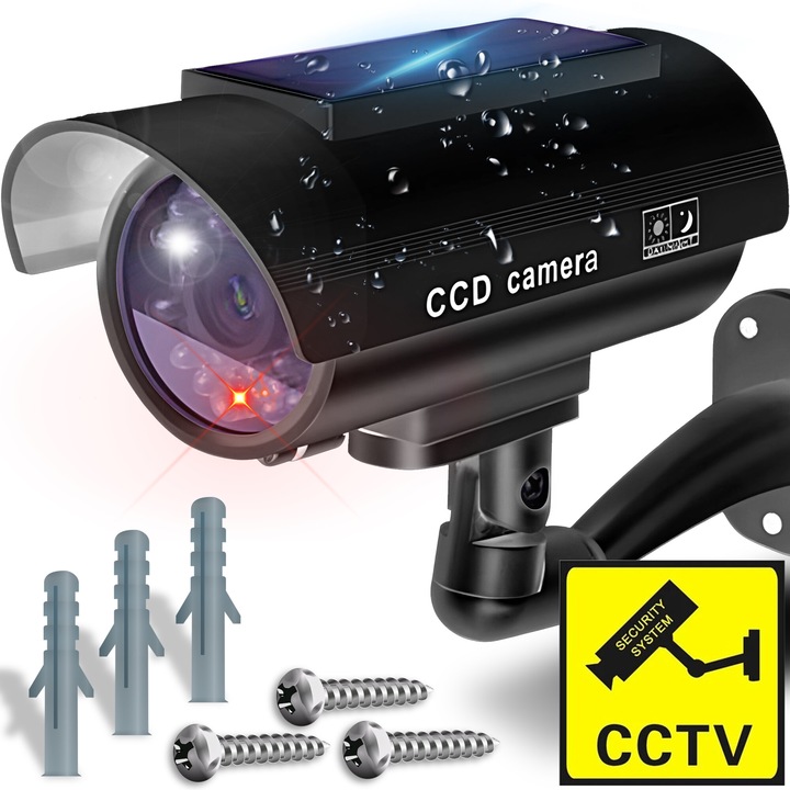 Camera de supraveghere falsa, montare pentru interior/exterior, panouri solare, lumina de noapte cu LED, autocolant de avertizare CCTV, negru