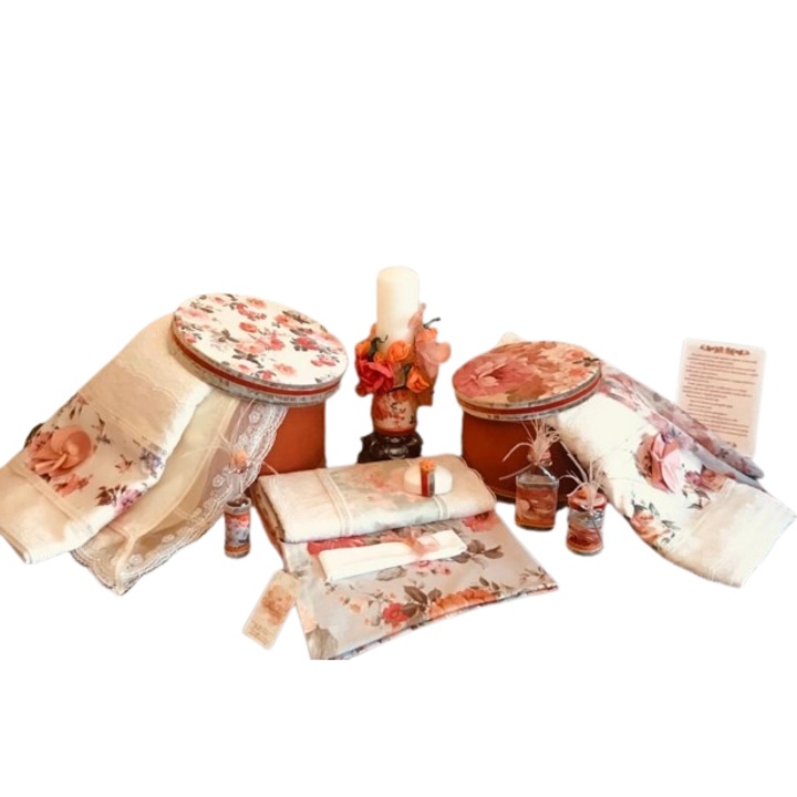 Set botez fetita, compus din 14 piese, contine trusou botez 6 piese, cutie pentru trusou 20x29 cm, lumanare botez 30x7 cm, un pled din material reiat si vascoza 120x70 cm, pentru baita de a doua zi din 5 piese