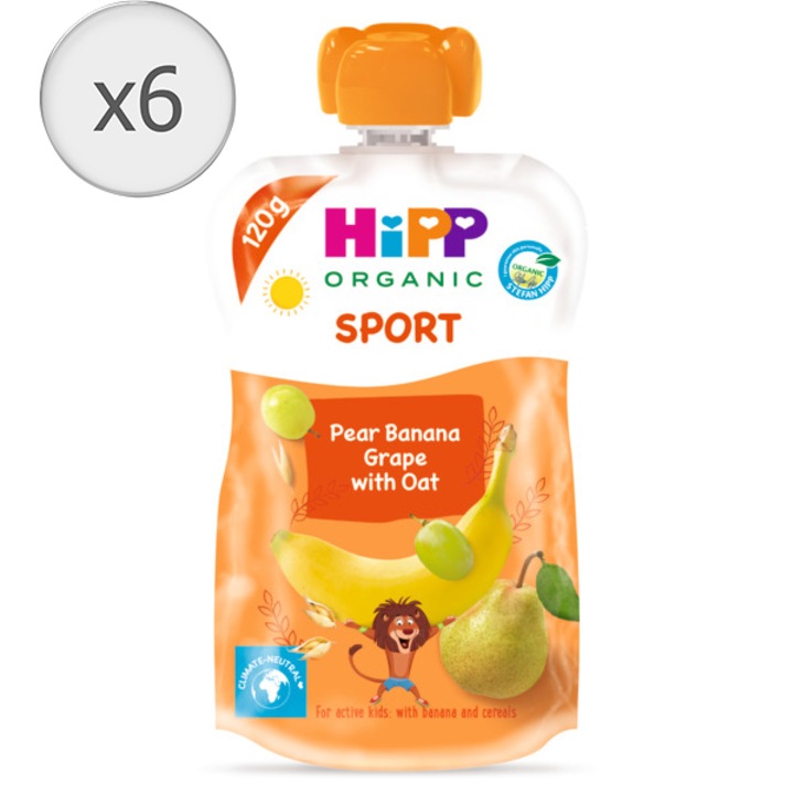 Pachet 6 x Piure Hippis Sport cu pere, banane, struguri si ovaz, 120 g, Hipp, de la 12 luni