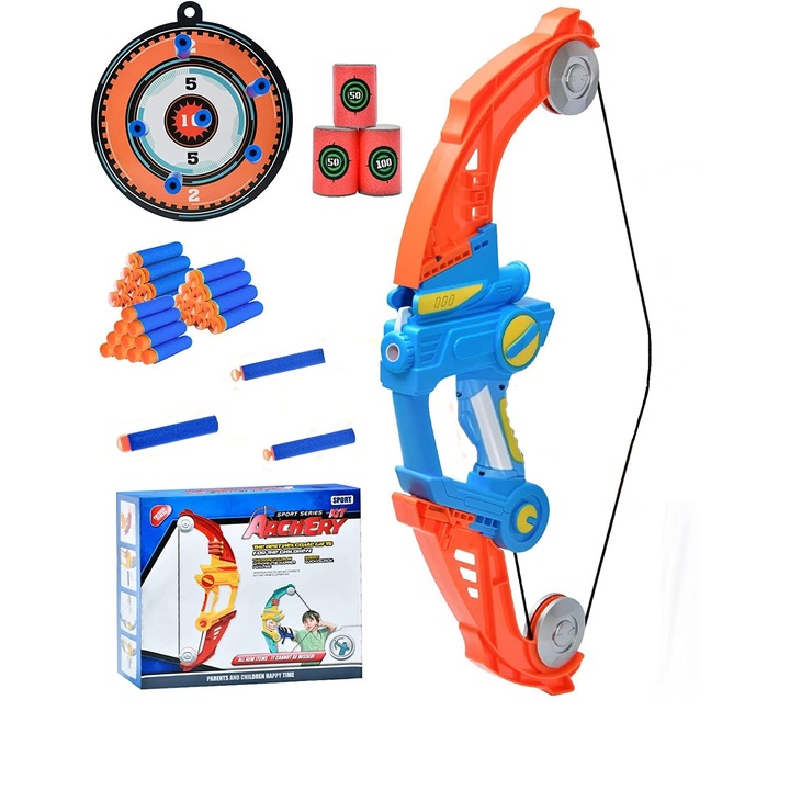 Arc de jucarie cu 30 sageti din burete tip nerf, 3 tinte din spuma si o tinta rotunda, blaster pentru copii
