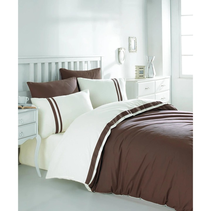 Set lenjeri de pat, Ecosse, Bumbac, Husa pilota 200x220 cm, Maro/Crem