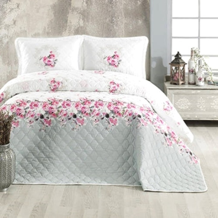 Cuvertura de pat dublu si 2 fete de perna, bumbac, 3 piese, matlasata, multicolor, Ralex Pucioasa, 240x260cm, LDP-CVR-100186