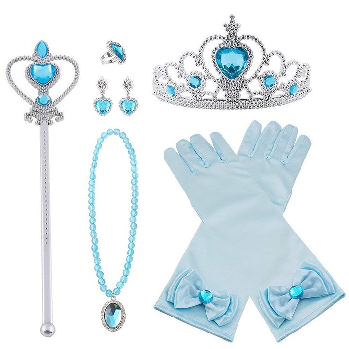 5 db Elsa Frozen kiegészítő készlet, Vaxiuja, jogar, ékszerek, korona, ezüst/kék