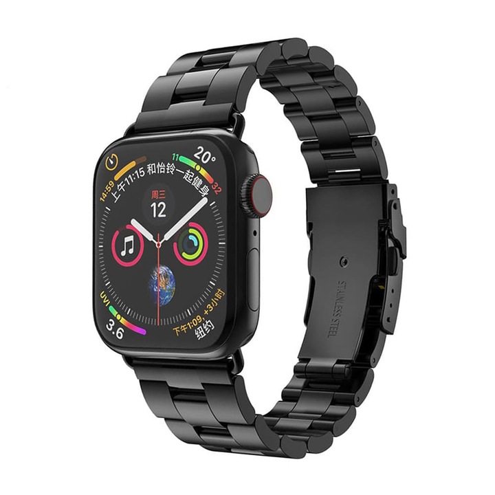 Curea compatibila cu Apple Watch 8 45 mm, Fonix Noblesse Steel, Ajustabila, Comfortabila, Durabila, Metalica, Atasare slide-in / slide-out, Negru