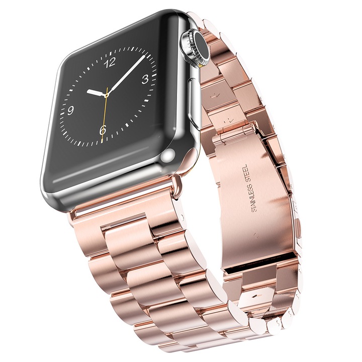 Curea compatibila cu Apple Watch 8 45 mm, Fonix Noblesse Steel, Ajustabila, Comfortabila, Durabila, Metalica, Atasare slide-in / slide-out, Roz