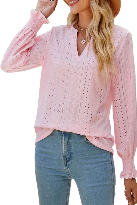 Дамска блуза, Vaxiuja, с V-образно деколте, къс ръкав, памук/полиестер, бяла, Розово