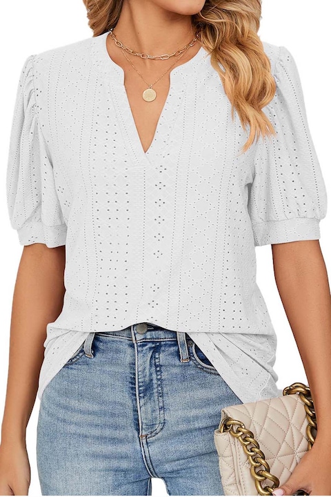 Дамска блуза, Vaxiuja, с V-образно деколте, къс ръкав, памук/полиестер, бяла, Бял