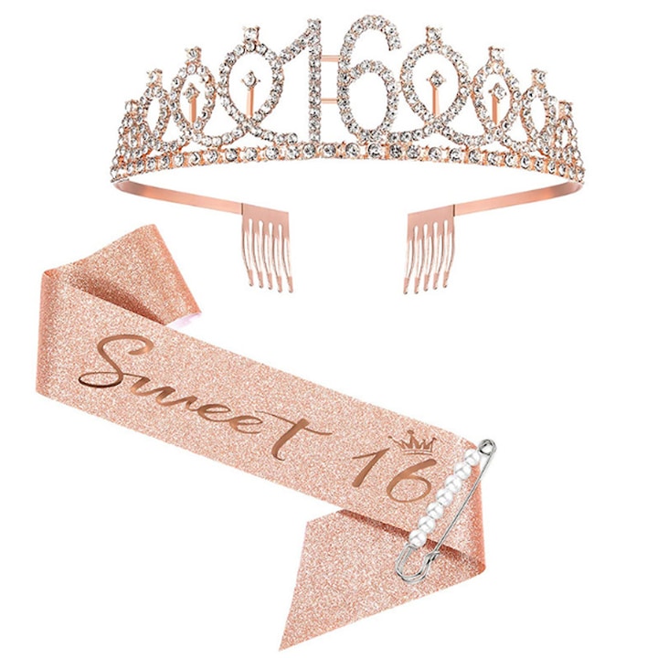 Комплект парти аксесоари Birthday Queen, Vaxiuja, корона, 16 години, розово злато