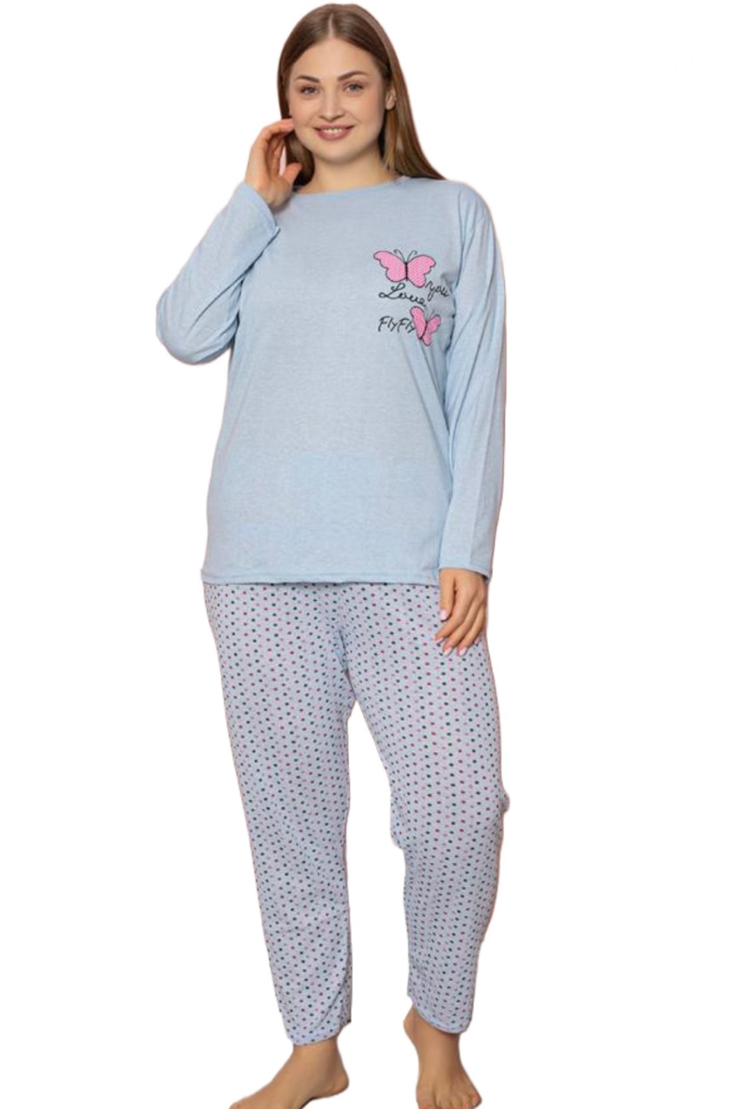 Pijama Dama Batal Marime Mare Bumbac Imprimeu Love Fly Albastru 4477