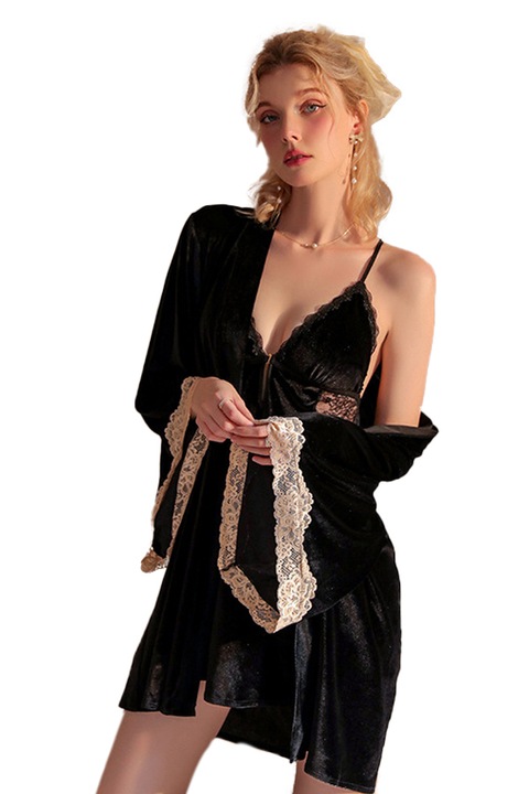 Set rafinat din doua piese, halat si camasa de noapte GJ2523negru 77926, Negru, M-L