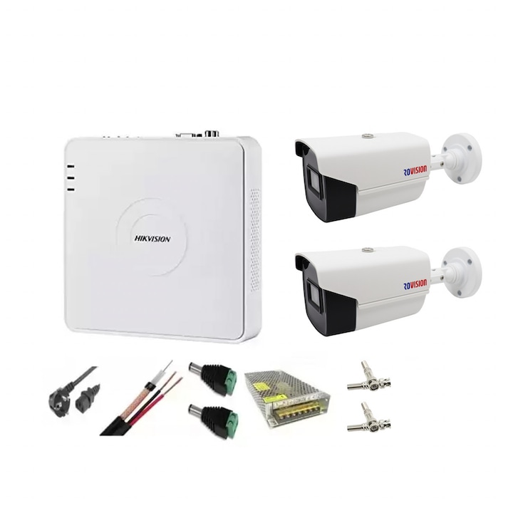 Kit complet supraveghere 5 MP Hikvision Turbo HD cu 4 camere Bullet IR 30 m, alimentator, cabluri, mufe, HDD 1 Tb, vizualizare pe internet