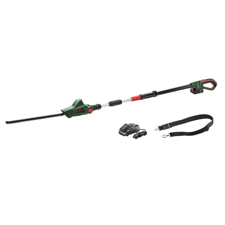 Foarfeca electrica pentru tuns gard viu, sistem Anti-Blocking, tija telescopica, lungimea lama 43 cm, cu acumulator Li-ion 2.5 Ah, 18V