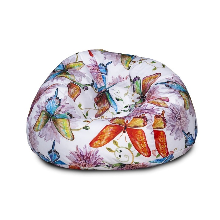 Fotoliu puf copii Ecopuf Model Fluturi M, Multicolor, ergonomic, pufos, confortabil. Scaun relaxare camera copilului, gradinita, loc de joaca. Husa poliester rezistent, usor curatat. Granule EPS. Perfect pentru citit, joc, fetite, baieti