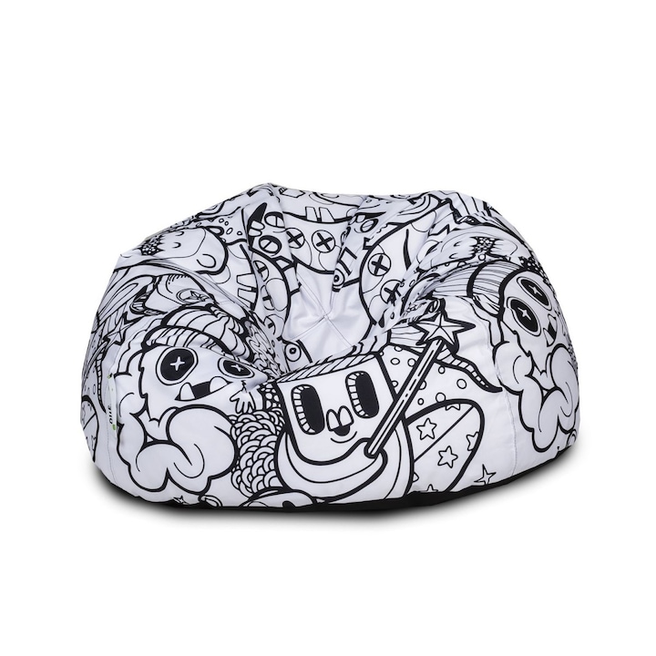 Fotoliu Puf Copii Ecopuf M, Sac Scaun Bean Bag Alb-Negru, Poliester Premium, Confort Maxim pentru Camera de Joaca, Dormitor, Sufragerie, Relaxare, Lectura, Design Modern, Rezistent, Usor Curatabil