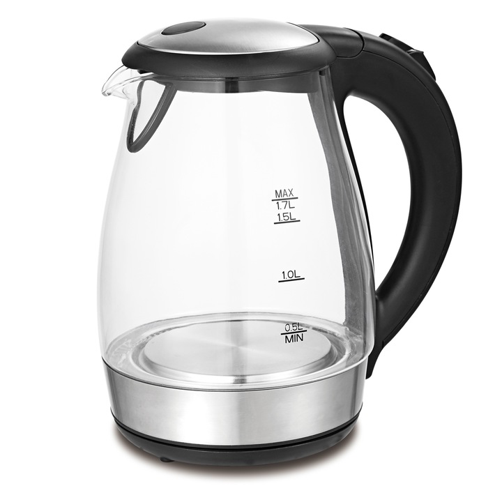 TZS First Austria Ceainic din sticlă, 1,7 litri, cu filtru de calcar, 2200 wați, lumină interioară, fără fir, protecție împotriva fierberii pe uscat, bază cu unghi de repoziționare de 360°