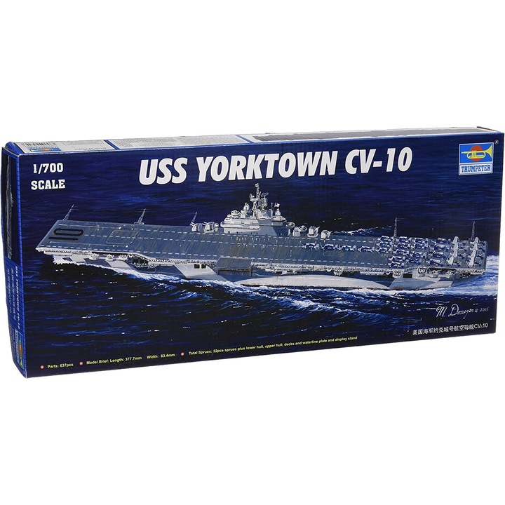 Kit de construit portavion USS CV-10 Yorktown, 630 piese, Scara 1/700, 14+